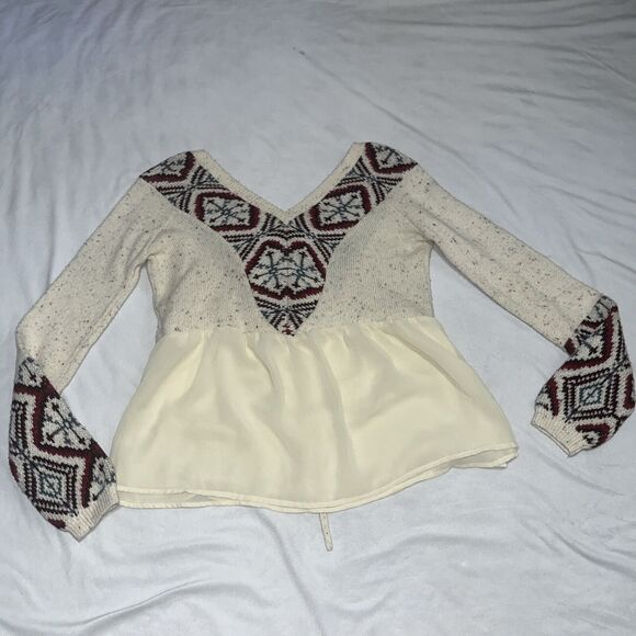 Abercrombie & Fitch S Boho Sweater Blouse W Printed Sleeves Lace Up Small Aztec - Picture 15 of 16